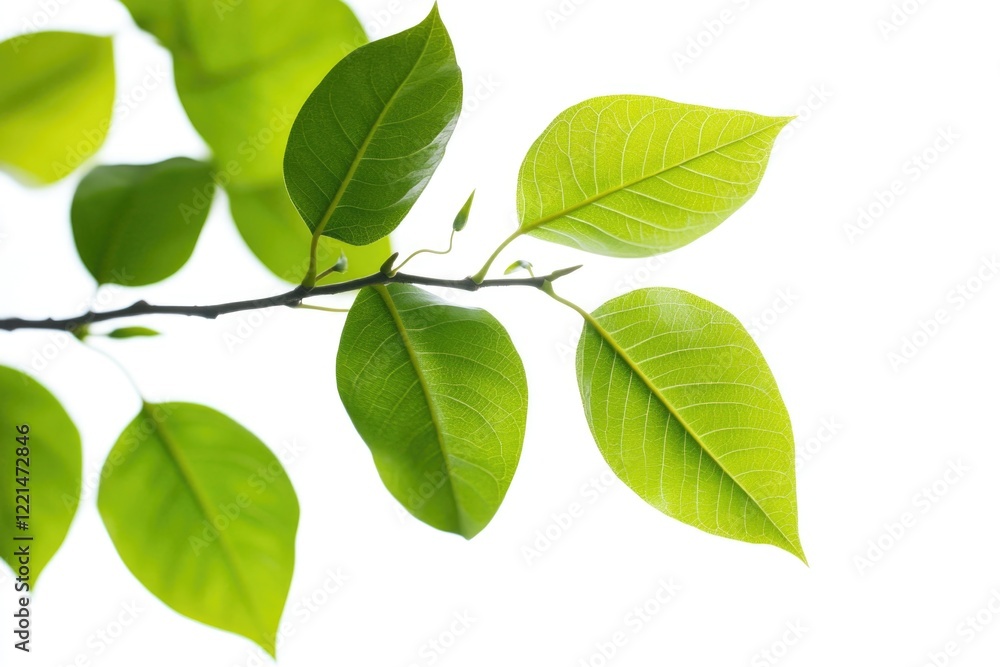 A close-up of a tree branch with green leaves against a clear blue sky A close-up of a tree branch with green leaves against a clear blue sky
