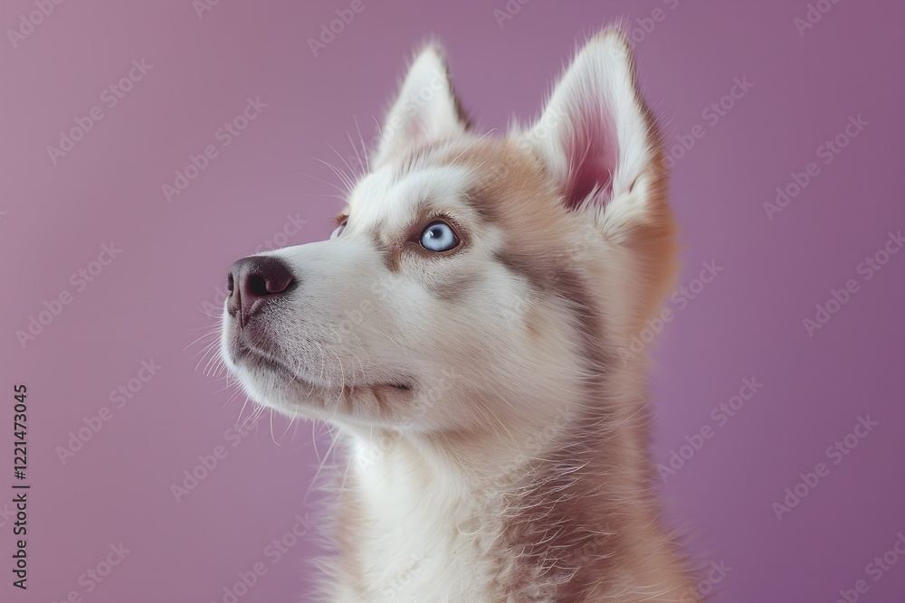 A close up of a dog with a purple background A close up of a dog with a purple background