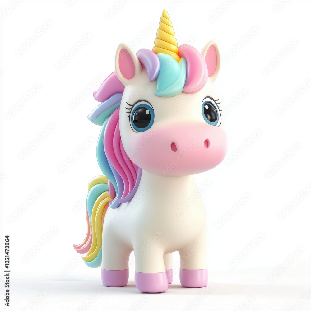 Fototapeta premium 3D icon cartoon cute pastel-colored unicorn with a rainbow mane, isolated on a white background --quality 2