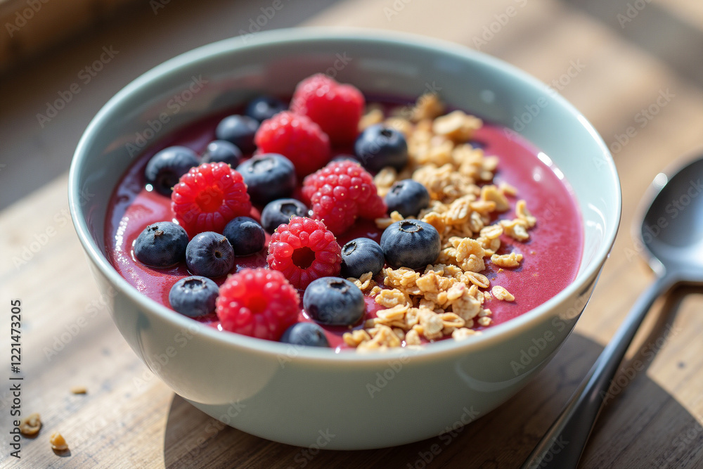 Vibrant smoothie bowl with granola and fresh berries in morning light Vibrant smoothie bowl with granola and fresh berries in morning light