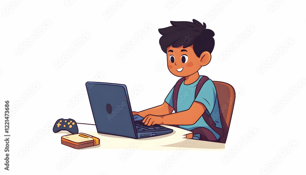 Indian boy is playing computer games on a laptop. An Indian child does his homework at an online school. Distance learning online education Indian boy is playing computer games on a laptop. An Indian child does his homework at an online school. Distance learning online education
