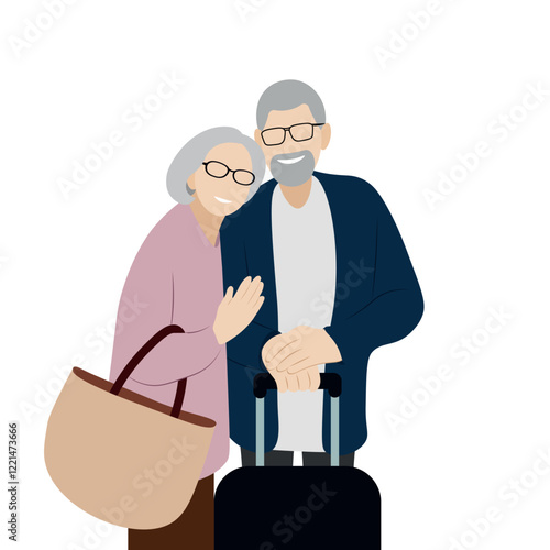 Elderly positive couple going on a trip, flat style, faceless illustration, isolate on white
