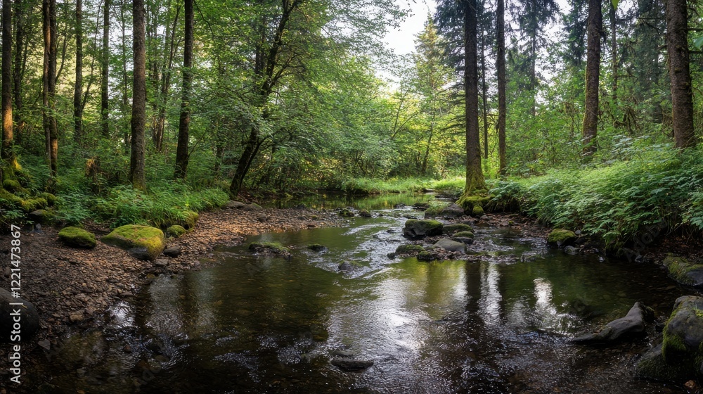 Serene forest stream with mossy rocks and lush greenery Serene forest stream with mossy rocks and lush greenery
