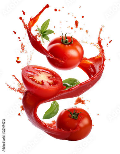 Fresh whole and sliced tomatoes with basil leaves rotating in a splash of tomato juice on transparent background