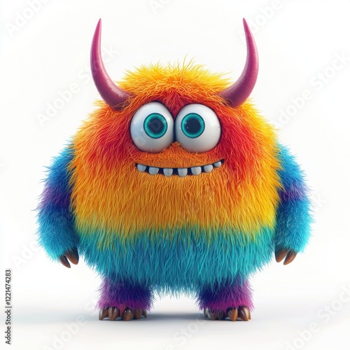 3D icon cartoon colorful furry monster with tiny horns, isolated on a white background --quality 2
