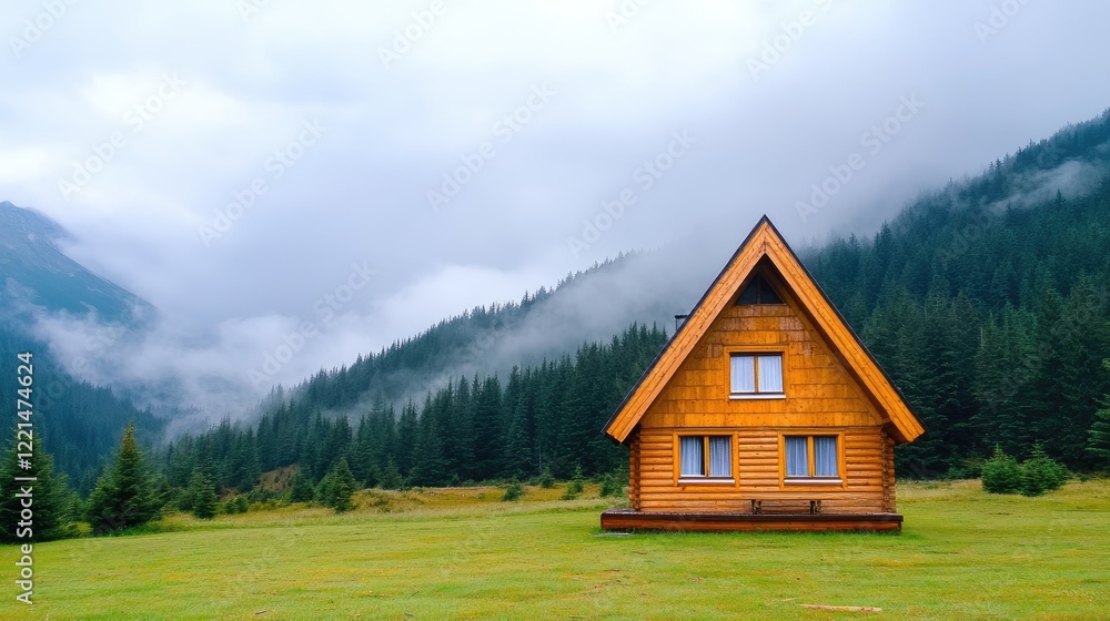 Wooden Cabin on a Green Meadow in Foggy Mountains Wooden Cabin on a Green Meadow in Foggy Mountains