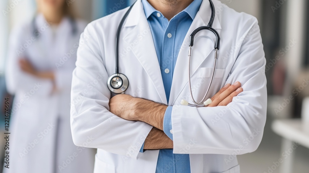 Doctor wearing white coat and stethoscope crossing arms in hospital Doctor wearing white coat and stethoscope crossing arms in hospital