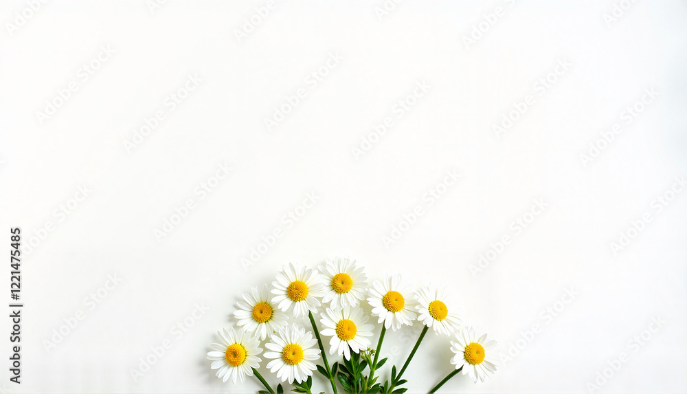 Fototapeta premium Daisies on white background for greeting card with copy space
