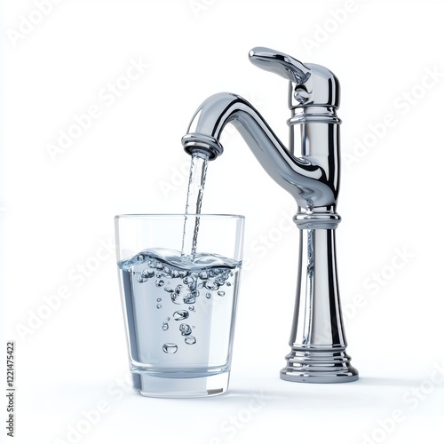 3D icon cartoon faucet with a glass of water under it, isolated on a white background --quality 2