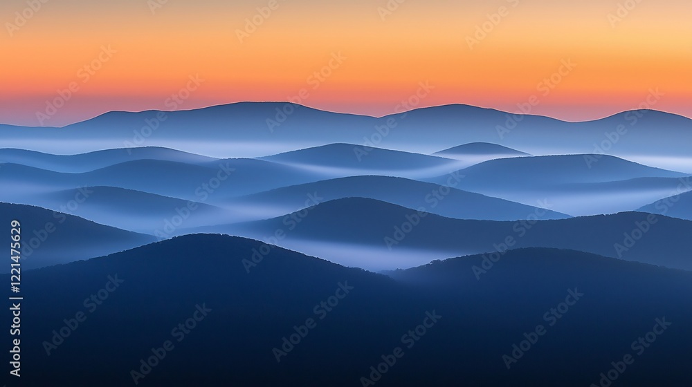 Obraz premium Misty blue mountain range silhouettes with a vibrant orange sky at dawn or dusk