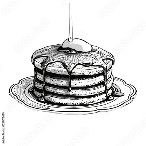 Stack of pancakes with syrup and butter in sketch style.