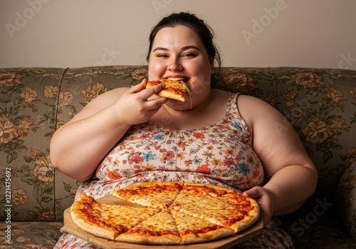 A heavily obese woman on a couch with a satisfied face eating pizza