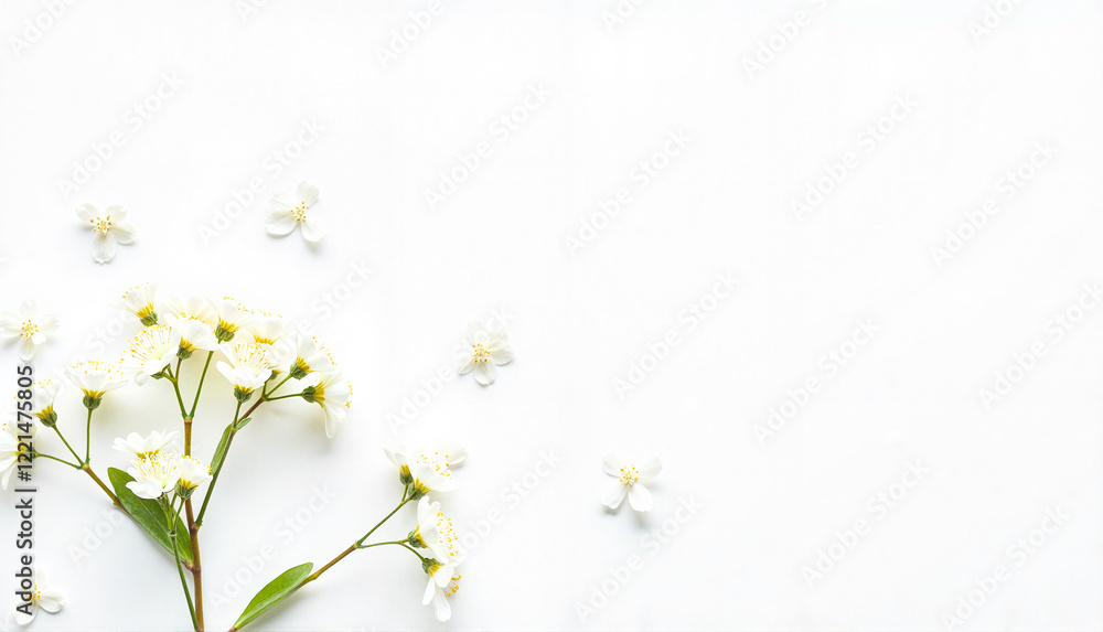 Obraz premium White flowers on white background for greeting card with copy space