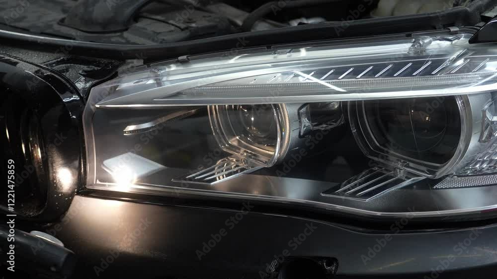Headlight after detailing procedures of polishing and waxing a vehicle 4k video. Cleaner worker is inspecting the car headlight after washing automobile with microfiber and detergent. Headlight after detailing procedures of polishing and waxing a vehicle 4k video. Cleaner worker is inspecting the car headlight after washing automobile with microfiber and detergent.