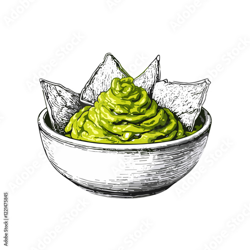 Bowl of guacamole with tortilla chips in hand-drawn sketch style.