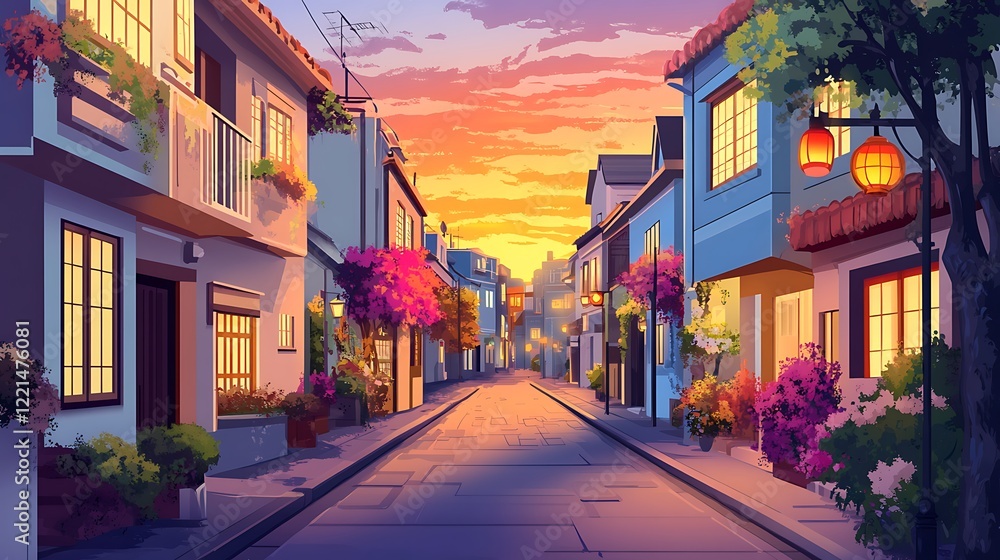 Fototapeta premium Street at sunset with houses and trees for travel use