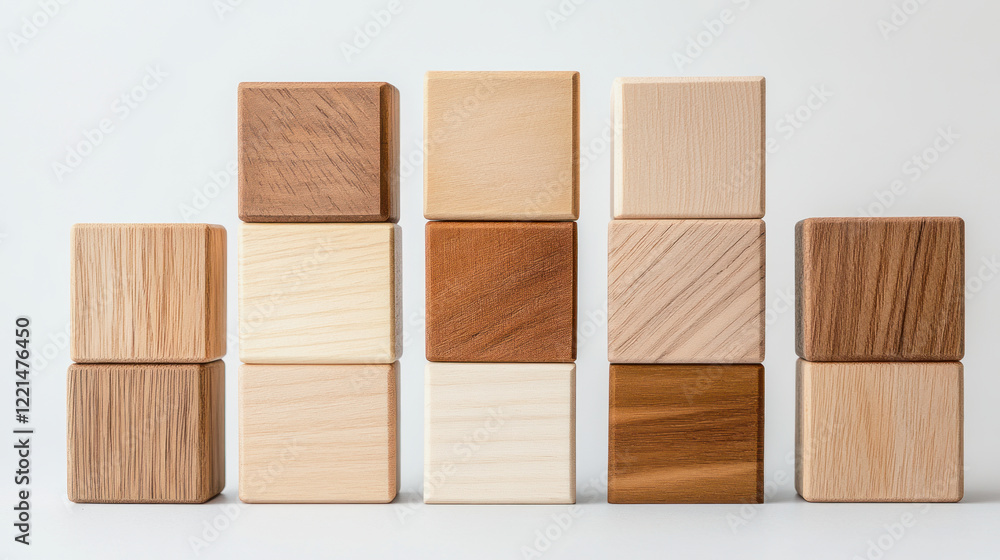 Naklejka premium Wooden blocks arranged in various stacks showcasing texture and color