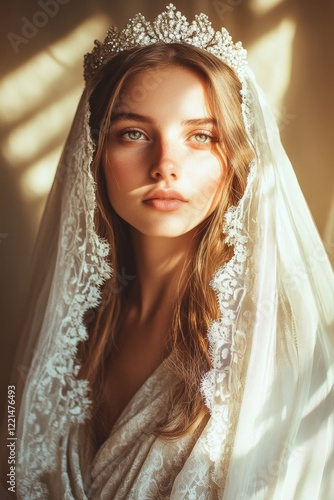 Ethereal bride in lace veil and crystal tiara illuminated by soft sunlight