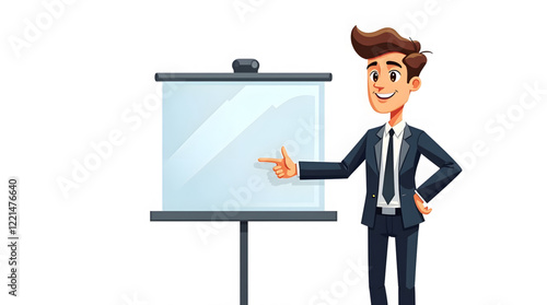Professional businessperson standing next to a whiteboard, likely giving a presentation or leading a meeting. The individual is dressed in a formal suit and tie, exuding an air of professionalism