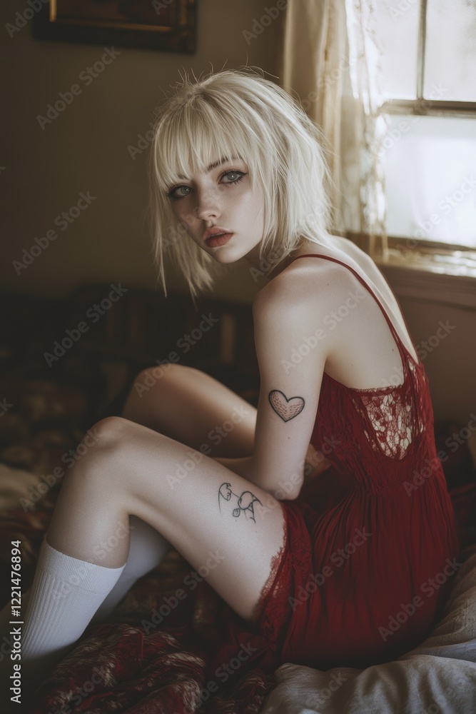 Fototapeta premium Blonde woman in red dress with tattoos and white socks sitting by window in natural light