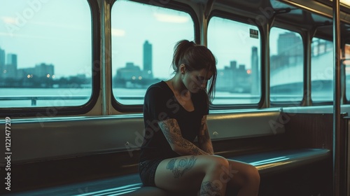 Wallpaper Mural Pensive tattooed woman sitting alone on city bus at dusk Torontodigital.ca