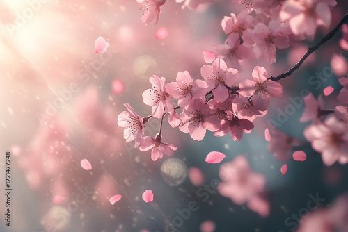 Delicate cherry blossoms bathed in soft, warm sunlight, their petals gently falling, capture the ephemeral beauty and tranquility of nature in full bloom. photo