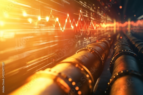 Oil pipelines transporting fossil fuel with increasing price graph showing energy crisis
