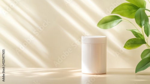 Minimalist design featuring white jar on wooden surface, complem photo