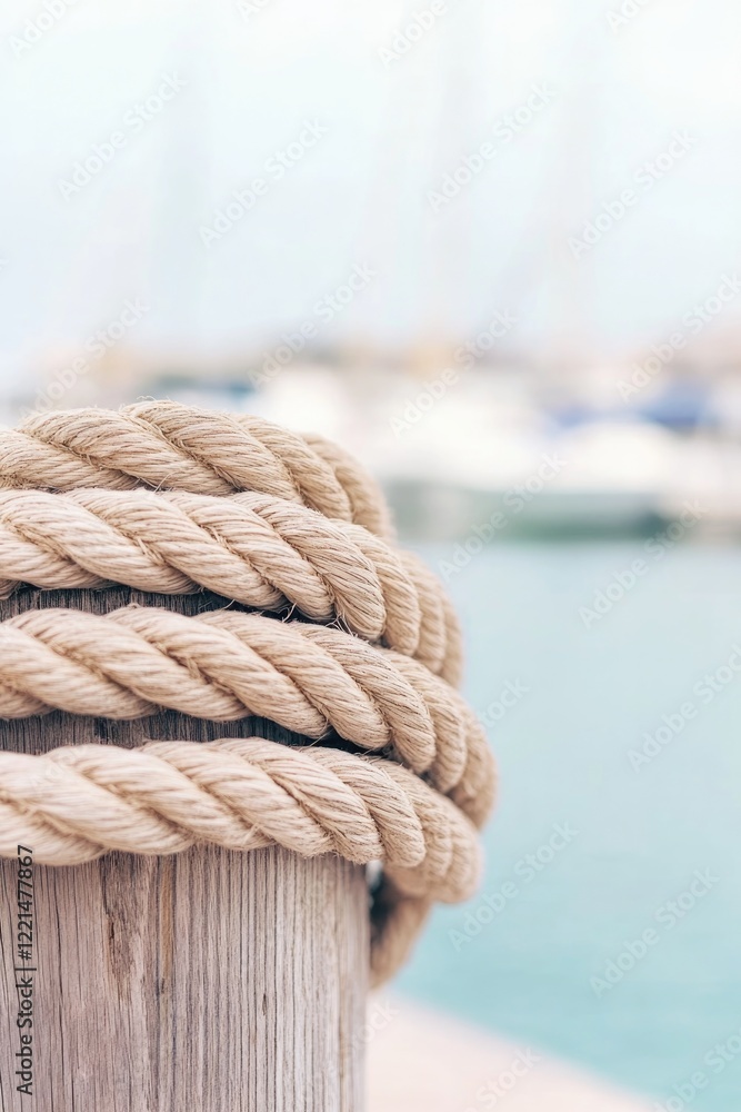Fototapeta premium Twisted rope wrapped around wooden post, with serene water and b