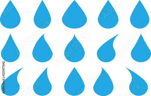 Set of blue droplet and drop icon, blue droplet and drop silhouettes on white background, in trendy style. Vector illustration.