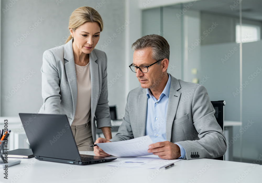 Focused professionals reviewing a business report together, showcasing teamwork and determination in their expressions. Focused professionals reviewing a business report together, showcasing teamwork and determination in their expressions.