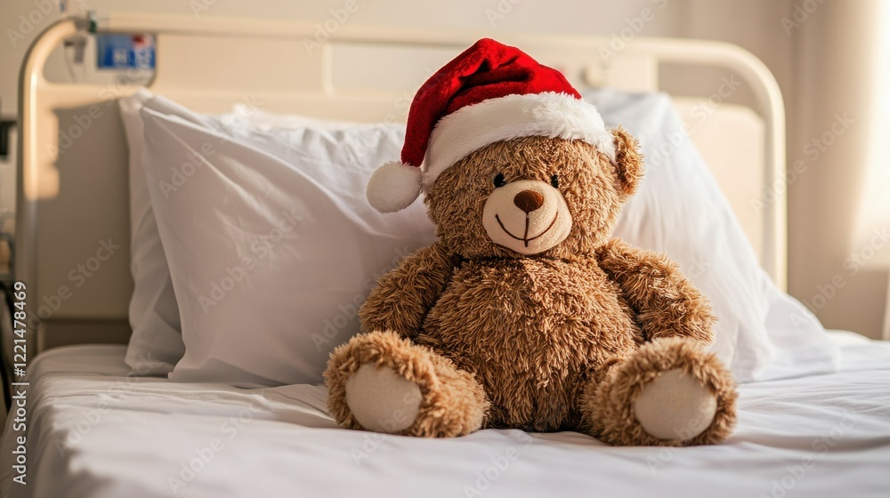 Teddy bear wearing santa hat on hospital bed in sunlit room Teddy bear wearing santa hat on hospital bed in sunlit room