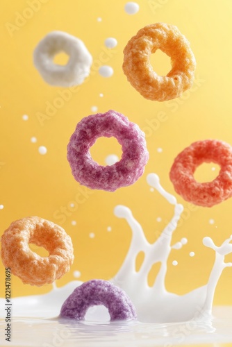 Colorful cereal rings splash into milk against bright yellow bac photo