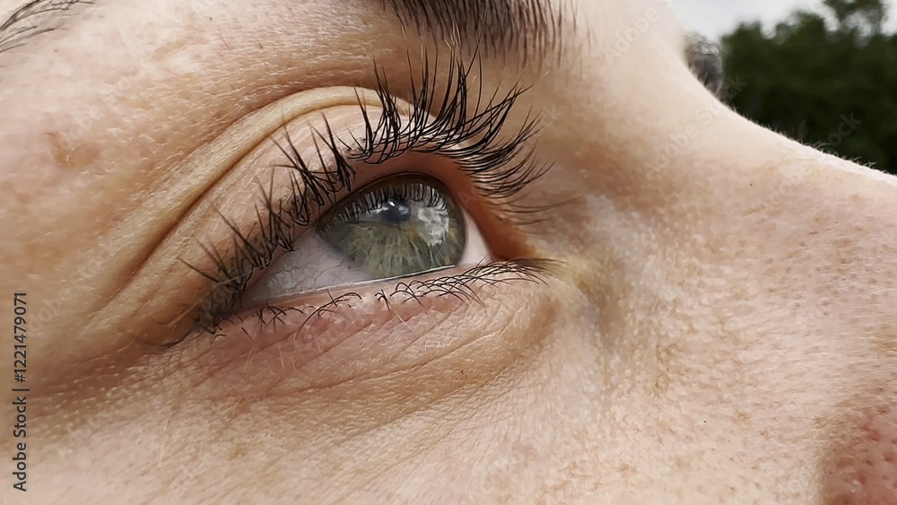 Obraz premium Focus on right green eye of attractive girl blinking and looking up. Portrait of a female pretty face. Calm facial expression of young woman. Tranquil sight of beautiful lady.