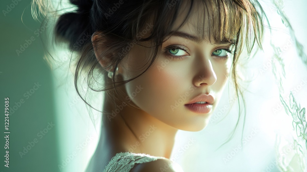 Elegant young caucasian female with serene expression by sunlit window Elegant young caucasian female with serene expression by sunlit window