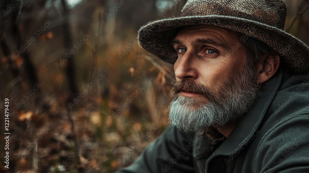 Mature caucasian male in rustic setting with hat and beard in autumn forest Mature caucasian male in rustic setting with hat and beard in autumn forest