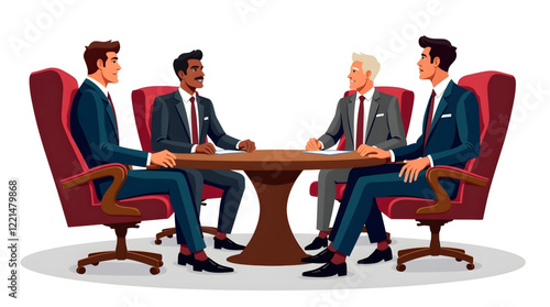 Formal business meeting involving four professionals seated around a round wooden table. Each individual is dressed in business attire, including suits and ties, indicating a corporate or executive