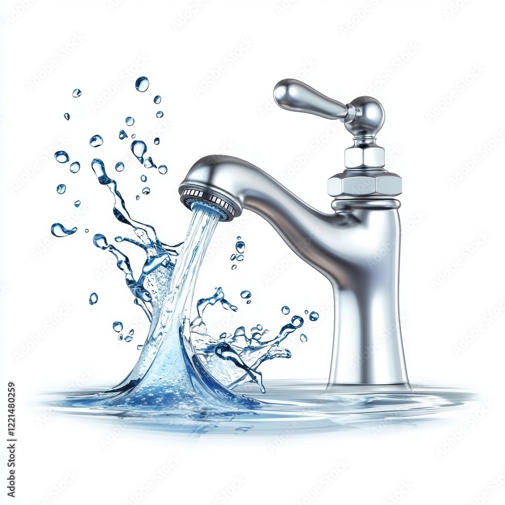 3D icon cartoon faucet with clean water splash, isolated on a white background - 3D icon cartoon faucet with clean water splash, isolated on a white background -