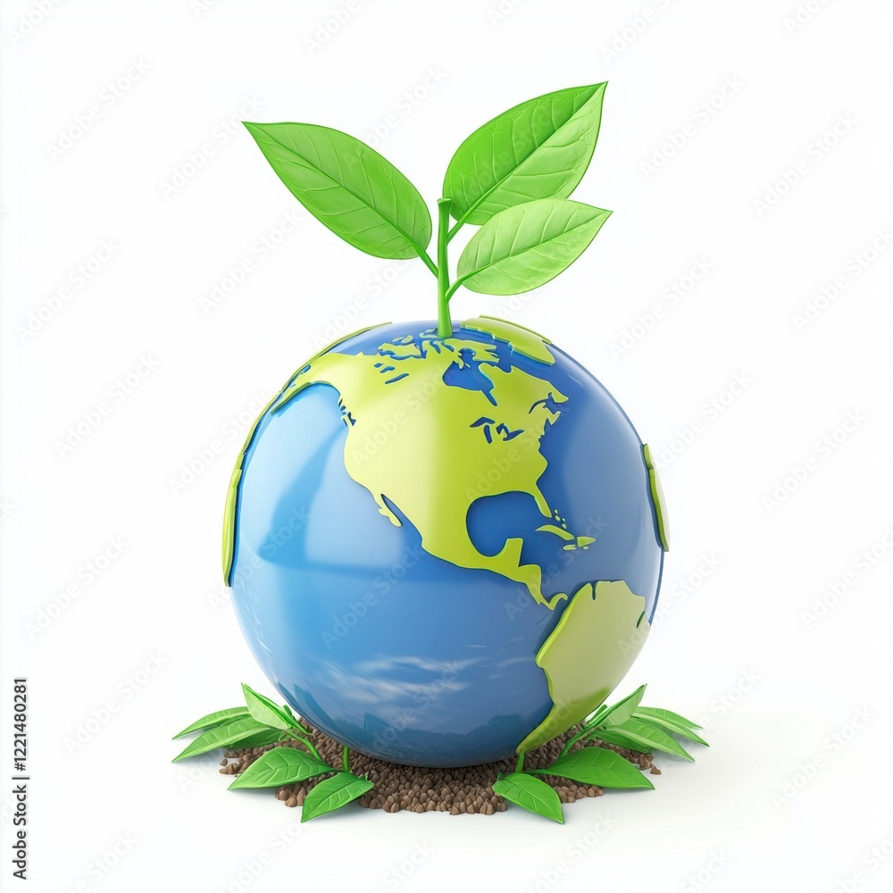 3D icon cartoon Earth with green leaves sprouting, isolated on a white background --quality 2 3D icon cartoon Earth with green leaves sprouting, isolated on a white background --quality 2