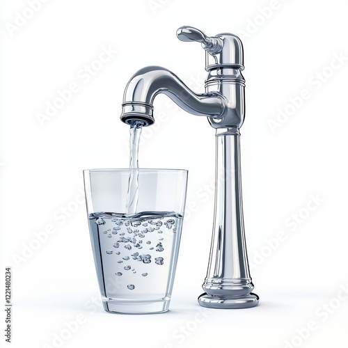 3D icon cartoon faucet with a glass of water under it, isolated on a white background 