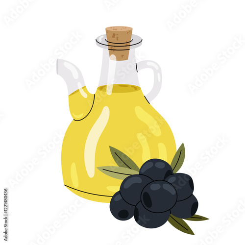 Glass olive oil jug with black olives on white background. Ingredient for cooking. Greek cuisine. Culinary. Flat illustration on white background.