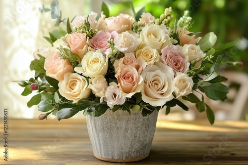 Simple, nostalgic arrangement of pastel roses in a rustic setting