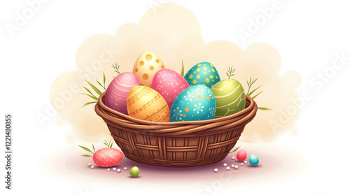 Wicker basket filled with brightly colored and intricately decorated Easter eggs. The eggs are adorned with various patterns