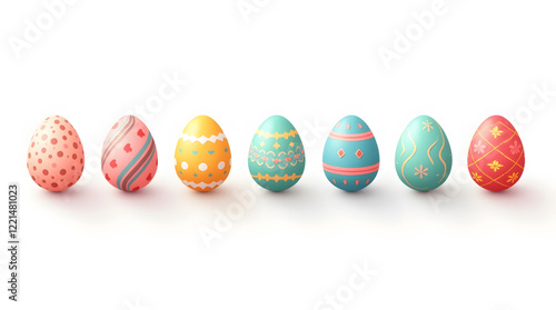 Collection of brightly colored and intricately decorated Easter eggs arranged in a row. Each egg features unique patterns and designs, including polka dots, stripes, zigzags, and floral motifs