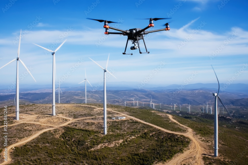 Drone performs detailed inspection of wind turbines on remote hilltop for maintenance checks Drone performs detailed inspection of wind turbines on remote hilltop for maintenance checks