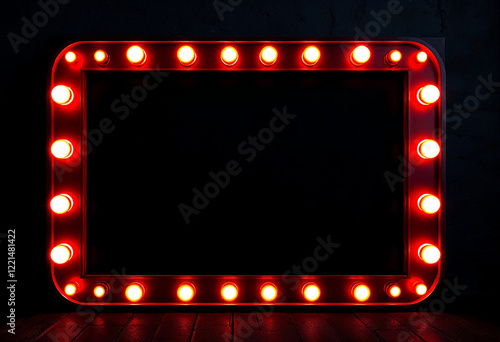 Marquee frame with retro light bulbs. Vintage red light sign boarder for casino, broadway billboard, circus or movie cinemas. Rectangle bright signboard for ads, promotion and sale with copy space	