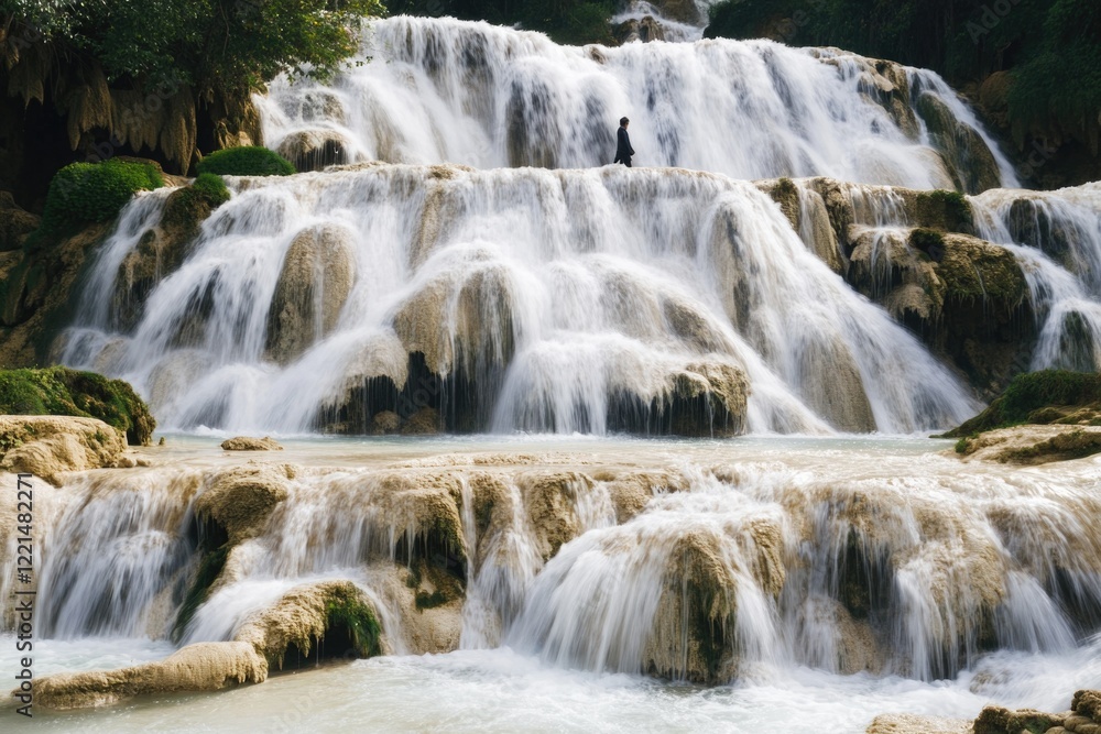 Obraz premium A person standing at the edge of a waterfall, looking out into the distance