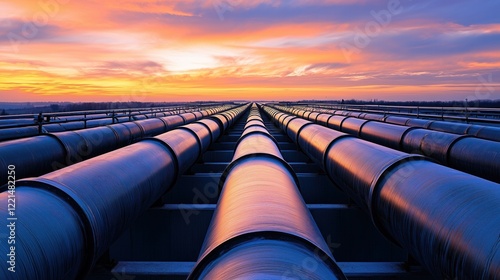 Pipeline infrastructure conveying energy resources at sunset