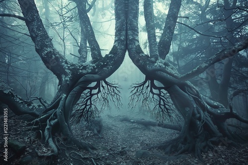 Mystic, gloomy woodland, natural world, twisted tree roots that resemble lungs, Generative AI. photo