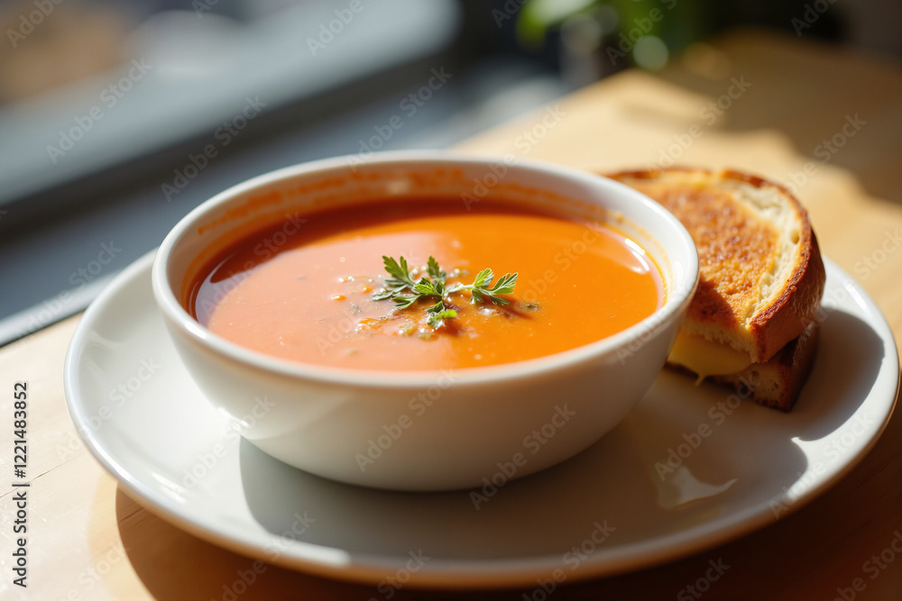 Creamy tomato soup with grilled cheese sandwich in natural light Creamy tomato soup with grilled cheese sandwich in natural light